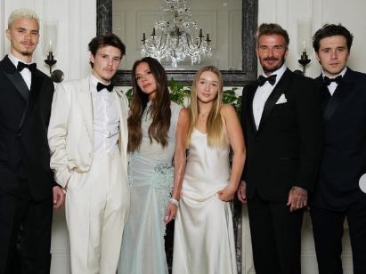 The Beckham family from far left, Romeo, Cruz, Victoria, Harper, David and Brooklyn, who is said to be feuding with his famous parents and siblings. Picture: Instagram