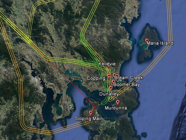 An Airservices map showing the aerial path options for Hobart flights.