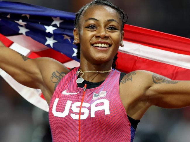 BUDAPEST, HUNGARY - AUGUST 21: Sha'Carri Richardson of Team United States celebrates winning the Women's 100m Final during day three of the World Athletics Championships Budapest 2023 at National Athletics Centre on August 21, 2023 in Budapest, Hungary. (Photo by Michael Steele/Getty Images)