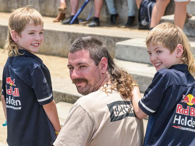 Brett Varnhagen with twin sons Jett and Brody vying for best mullet at the VALO Adelaide 500, DECEMBER 4, 2022: Picture: Brenton Edwards