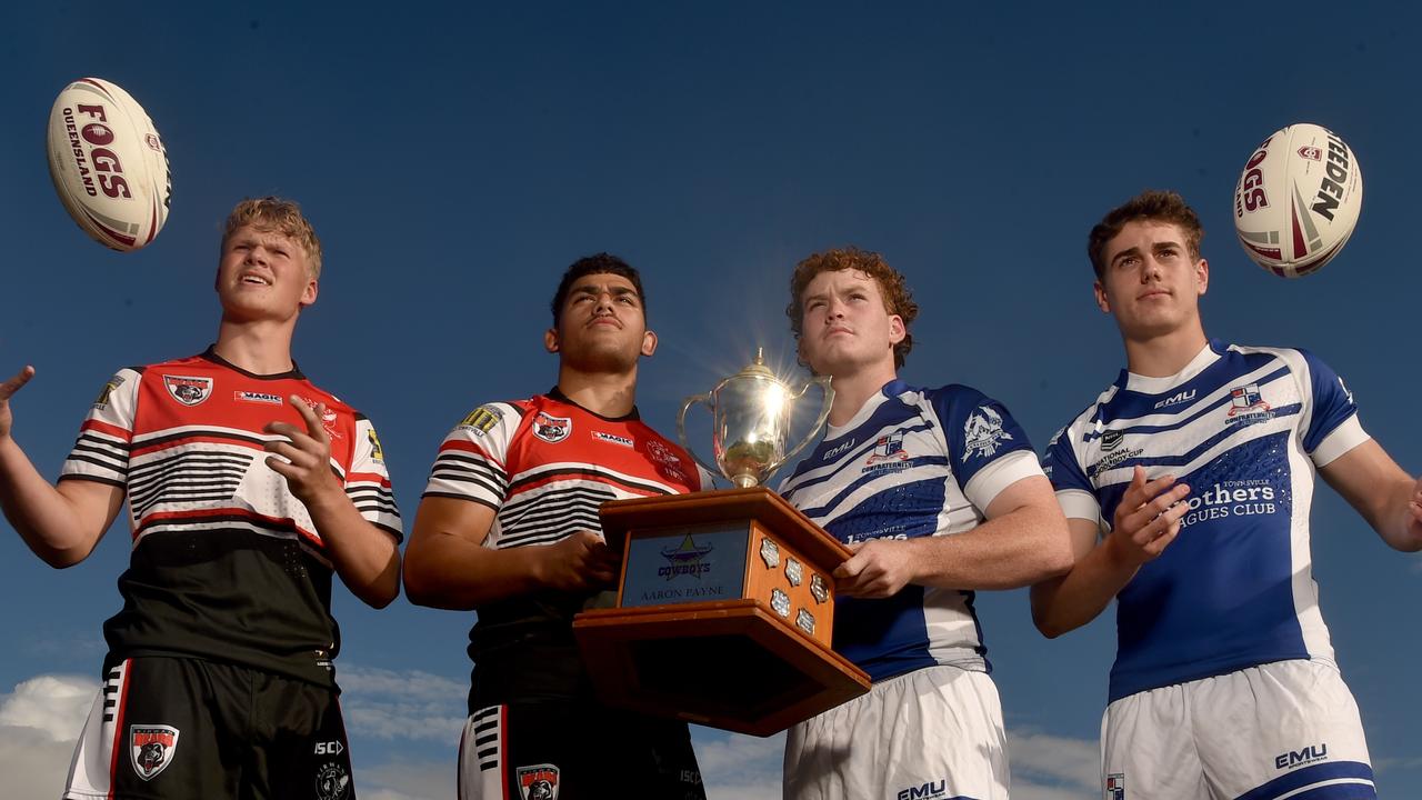 Kirwan High players Chayse Wikins, 17, captain William Latu, 17, with Ignatius Park College players captain Luke Jack, 17, and Thomas Duffy, 17, ahead of their Arron Paybe Cup clash. Picture: Evan Morgan