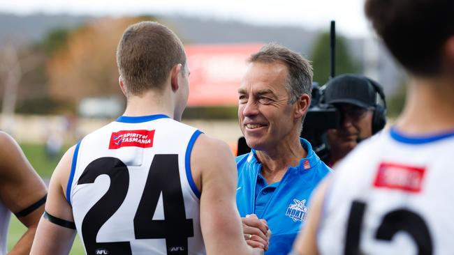 Alastair Clarkson and Tom Powell after the win over Gold Coast. Picture: Dylan Burns/AFL Photos