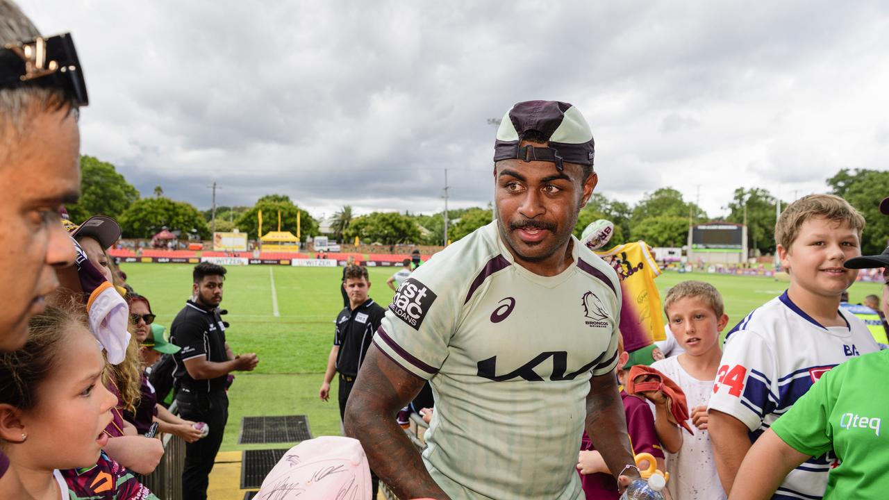 Ezra Mam greets fans as he leaves the field at the Brisbane Broncos Captain's Run and Toowoomba Fan Day at Toowoomba Sports Ground, Saturday, February 15, 2025. Picture: Kevin Farmer