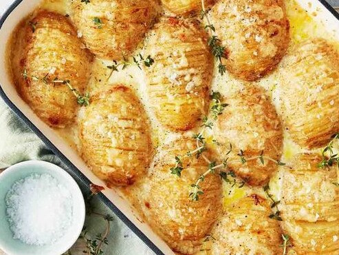 Creamy hasselback potato bake.