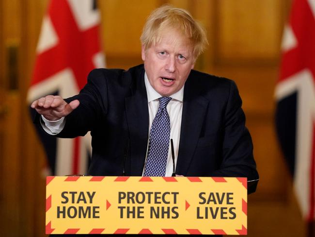 Boris Johnson, in his first media briefing since returning from a battle with coronavirus, said the UK was past its COVID-19 “peak”. Picture: AFP