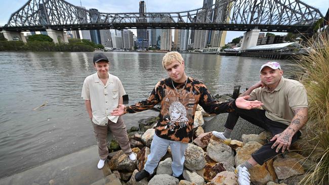 Sydney indie rock trio DMA’S, pictured at Howard Smith Wharves in Brisbane on Wednesday. The band is among the performers at the AFL Grand Final at The Gabba on Saturday October 24 2020. L-R: Tommy O'Dell (singer), Johnny Took (guitar) and Matt Mason (guitar/keyboard). Picture: Lyndon Mechielsen