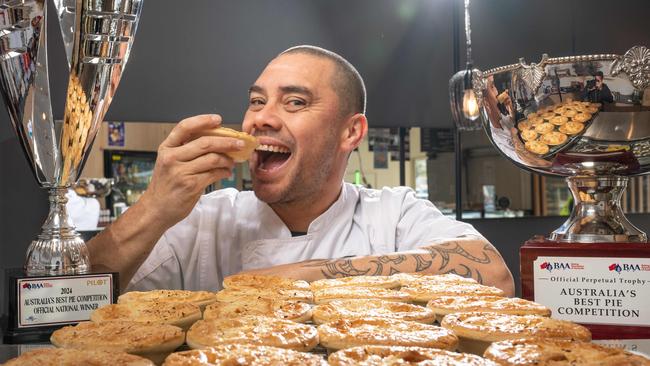 Nathan Williams from Rolling Pin Pies and Cakes with the award-winning prawn laksa pie. Picture: Brad Fleet