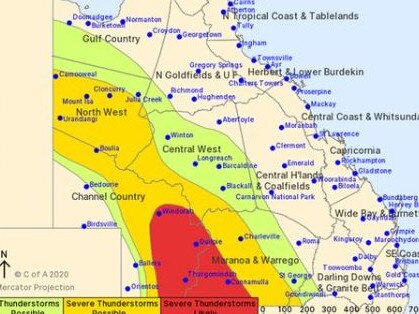 Bureau of Meteorology weather map of storms expected across southwest Qld on September 21