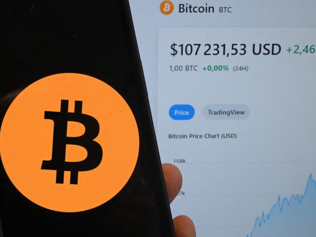 This illustration photograph shows the Bitcoin cryptocurrency logo displayed on a smartphone beside a screen showing a trading chart in Brussels on December 17, 2024, (Photo by Nicolas TUCAT / AFP)