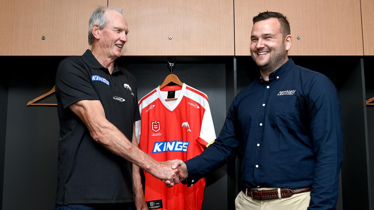 Dolphins coach Wayne Bennett and Adventure Kings CEO Christian Rolfe. Picture: Bradley Kanaris/Getty Images