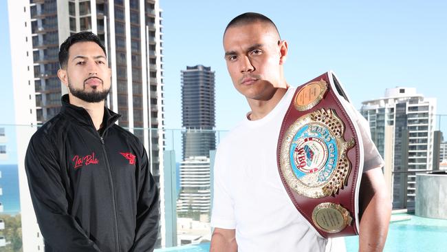 Brian Mendoza (left) has warned he has the power to drop Tim Tszyu (right) ahead of their fight. Picture: Glenn Hampson