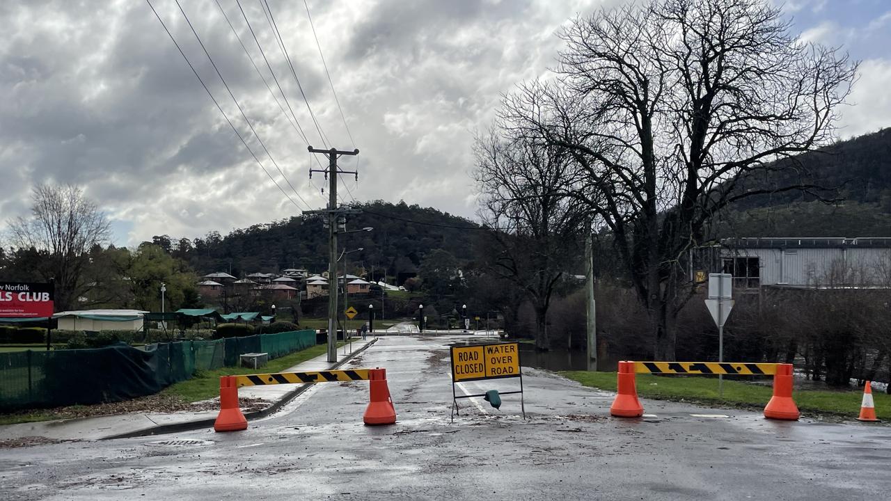 Ferry Street to the Esplanade was shut in New Norfolk on Sunday. Picture: Genevieve Holding