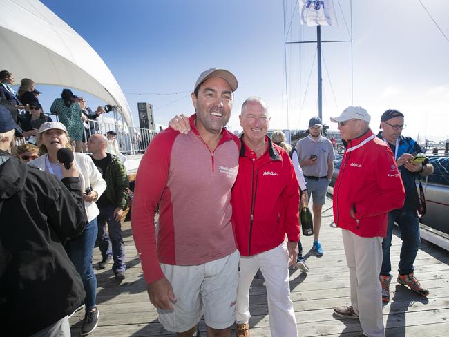 Skipper Mark Richards and Owner Sandy Oatley. Wild Oats XI skippered by Mark Richards sails up the River Derwent on her way to a 9th line honours victory in the 2018 Sydney to Hobart Yacht Race. The yacht crossed the line in 1d 19hrs 7mins 21secs . Picture: RICHARD JUPE