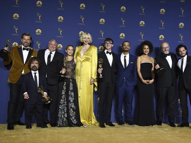 The cast of Game of Thrones poses backstage after winning the award for outstanding drama series at the 70th Primetime Emmy Awards. Picture: Getty