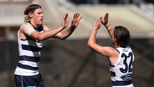 Mark Blicavs celebrates a goal. Picture: Kelly Defina/Getty Images