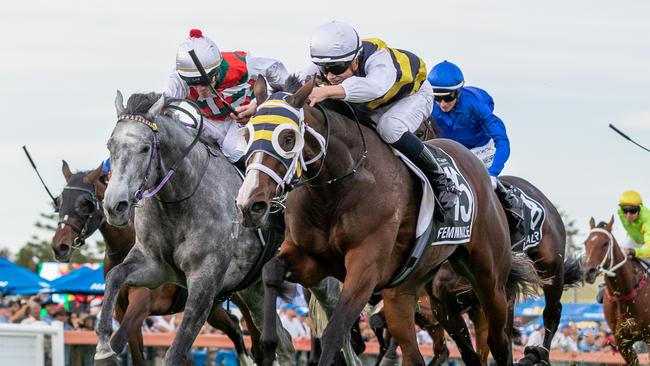 Femminile holds off favourite Statuario to win the SA Derby. Picture: Makoto Kaneko
