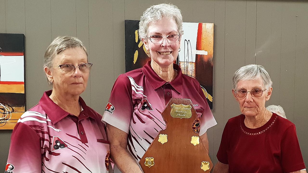 WINNERS: Chris Smith and Kathy Mathews are winners of Sarina's Graham Shield, presented by Alison Graham (right). Runners-up were Robyn Large and Carmel Jenkins.