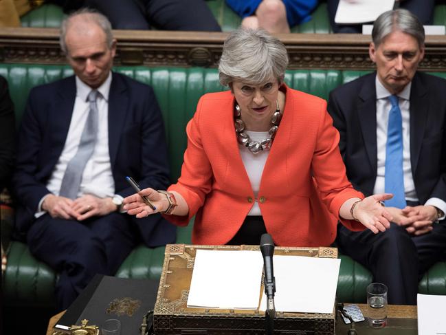 A handout photograph released by the UK Parliament shows Britain's Prime Minister Theresa May speaking at the start of the debate on the second meaningful vote on the government's Brexit deal, in the House of Commons in London on March 12, 2019. - Prime Minister Theresa May's Brexit deal suffered a big blow on March 12, 2019 when her chief attorney ruled that risks from its most contention points remained "unchanged". (Photo by JESSICA TAYLOR / various sources / AFP) / RESTRICTED TO EDITORIAL USE - NO USE FOR ENTERTAINMENT, SATIRICAL, ADVERTISING PURPOSES - MANDATORY CREDIT " AFP PHOTO /Jessica TAYLOR/ UK Parliament"