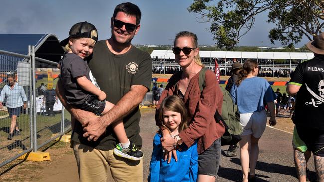Marley, 2, Tom, Macy, 5, and Bree Farrell at the 2023 Darwin Supercars. Picture: Fia Walsh