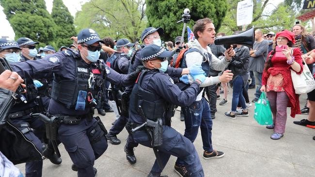 Melbourne Freedom Rally protest at the Shine of Remembrance. Picture: Alex Coppel.