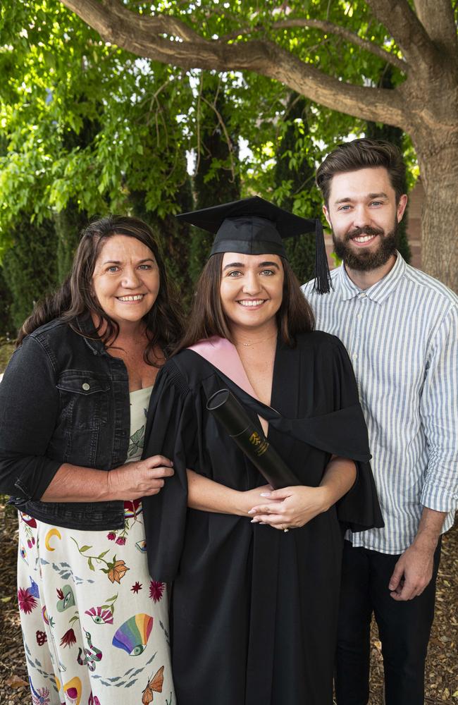 Bachelor of Education (Primary) graduate Tia Bankier with mum Tanya Sheldrick and brother Joel Bankier at a UniSQ graduation ceremony at The Empire, Tuesday, October 29, 2024. Picture: Kevin Farmer