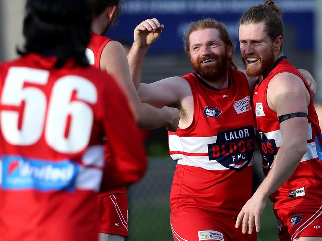 Michael Russell celebrates a goal during one of Lalor’s two victories over Reservoir this year.