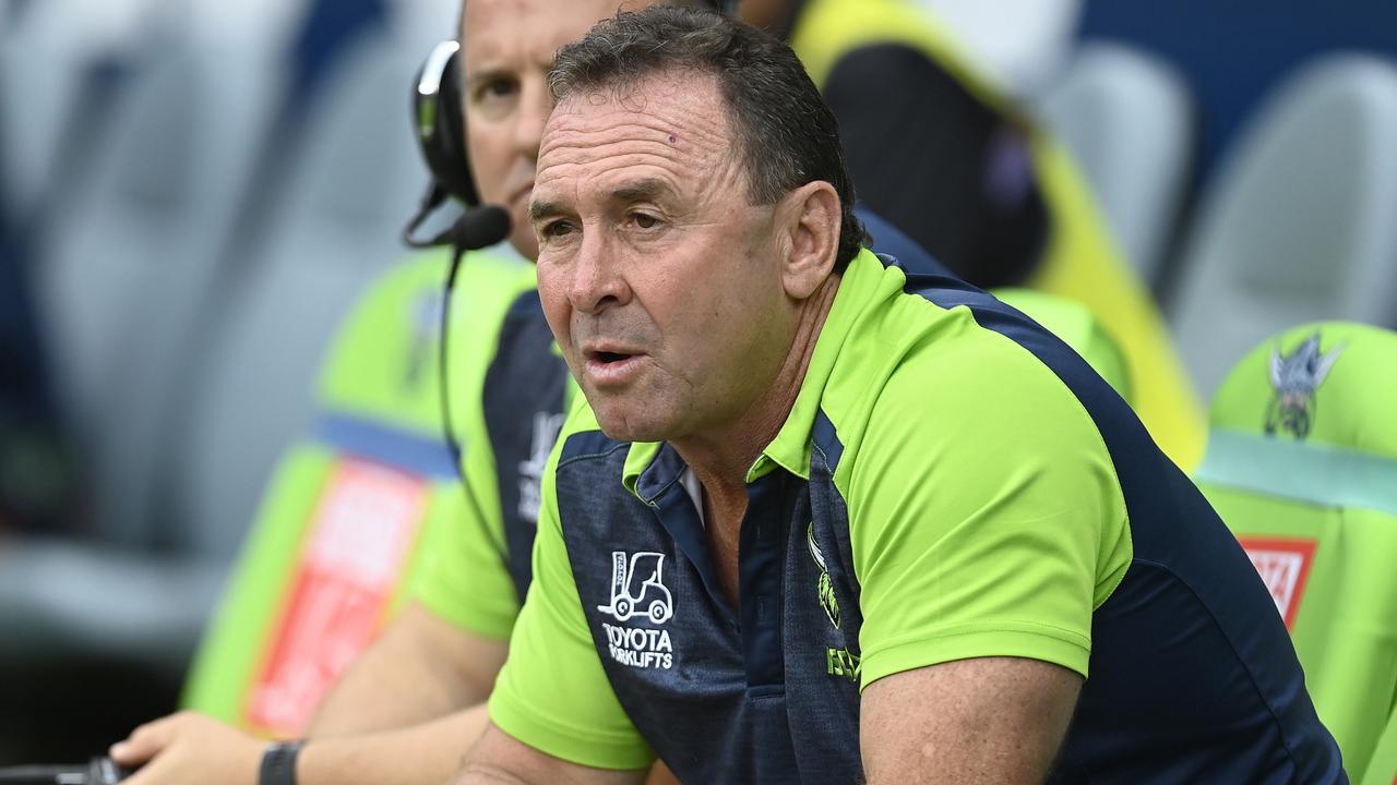 TOWNSVILLE, AUSTRALIA - MARCH 04: Raiders Coach Ricky Stuart looks on during the round one NRL match between the North Queensland Cowboys and the Canberra Raiders at Qld Country Bank Stadium on March 04, 2023 in Townsville, Australia. (Photo by Ian Hitchcock/Getty Images)