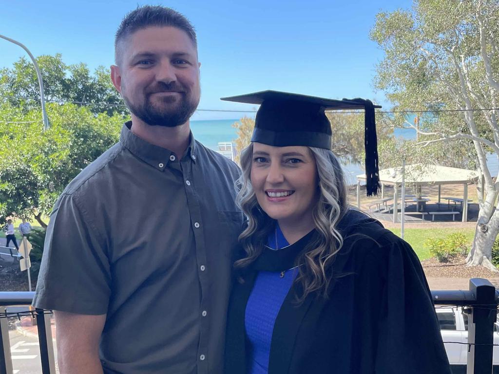 Nursing science student Kayte with husband Andrew (last name not supplied) at the University of the Sunshine Coast graduation ceremony at the Beach House Hotel on October 12, 2023.