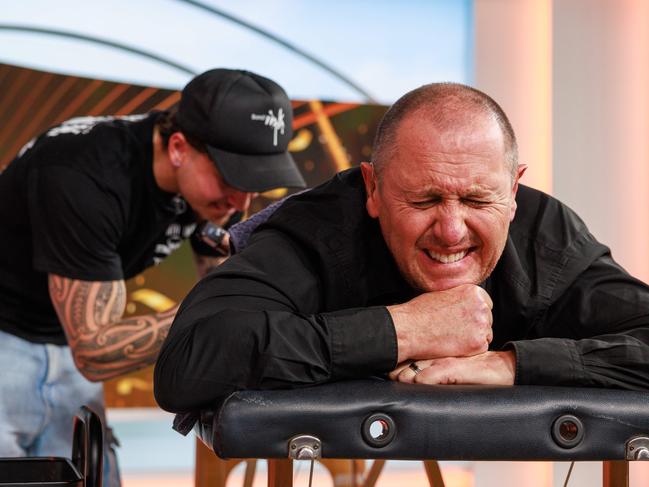 Daily Telegraph. 19, August, 2024.Logies winner Larry Emdur gets his tattoo live on air on The Morning Show, in Eveleigh, today. Picture: Justin Lloyd.