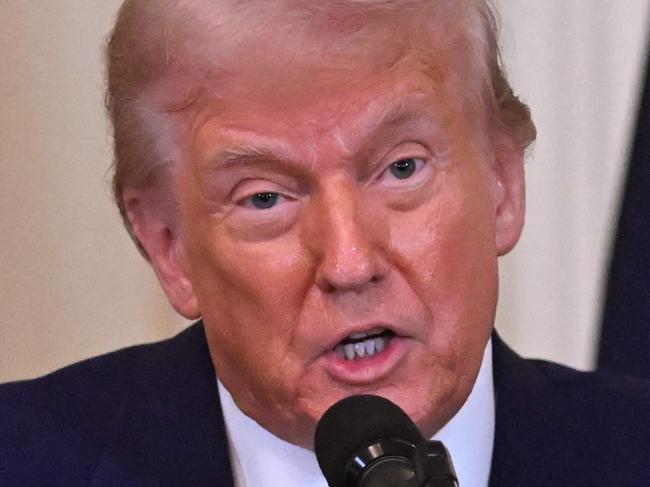 US President Donald Trump speaks during a joint news conference with French President Emmanuel Macron in the East Room to the White House in Washington, DC, on February 24, 2025. (Photo by ROBERTO SCHMIDT / AFP)