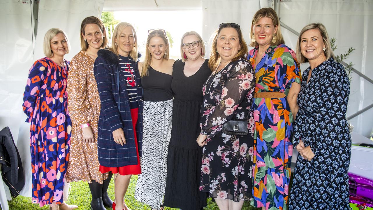 (from left) Rosie Tardent, Liz Lindemayer, Bernadette Grof, Sophie Grayson, Molly Holmes, Vicki Wootton, Andrea Bottann and Nicole Clarke. Rangers Ladies Day at Gold Park. Saturday, May 28, 2022. Picture: Nev Madsen.