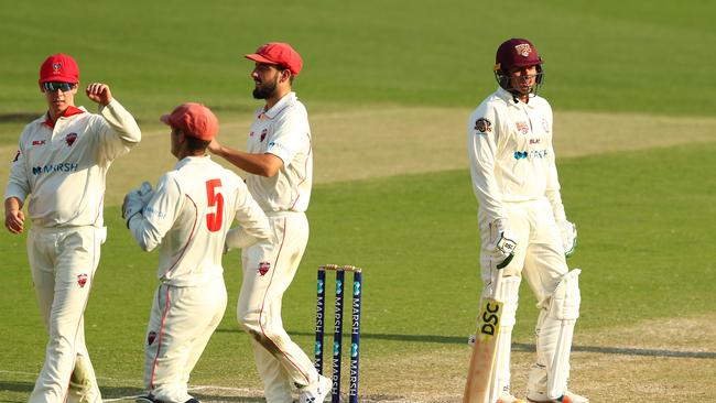 Usman Khawaja departs dejectedly after being dismissed during day three of Queensland’s Sheffield Shield win over South Australia. Picture: Chris Hyde/Getty Images