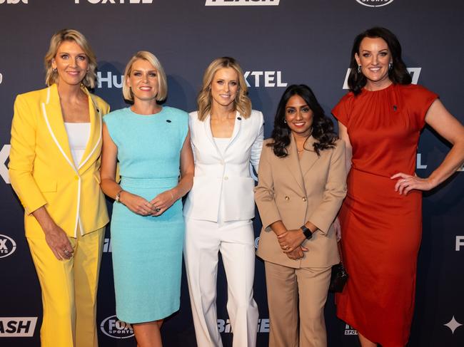 26-02-2024 - (L-R) Catherine Cox, Sarah Jones, Megan Barnard, Isa Guha, Bianca Chatfield pictured together at the 2024 Foxtel launch.