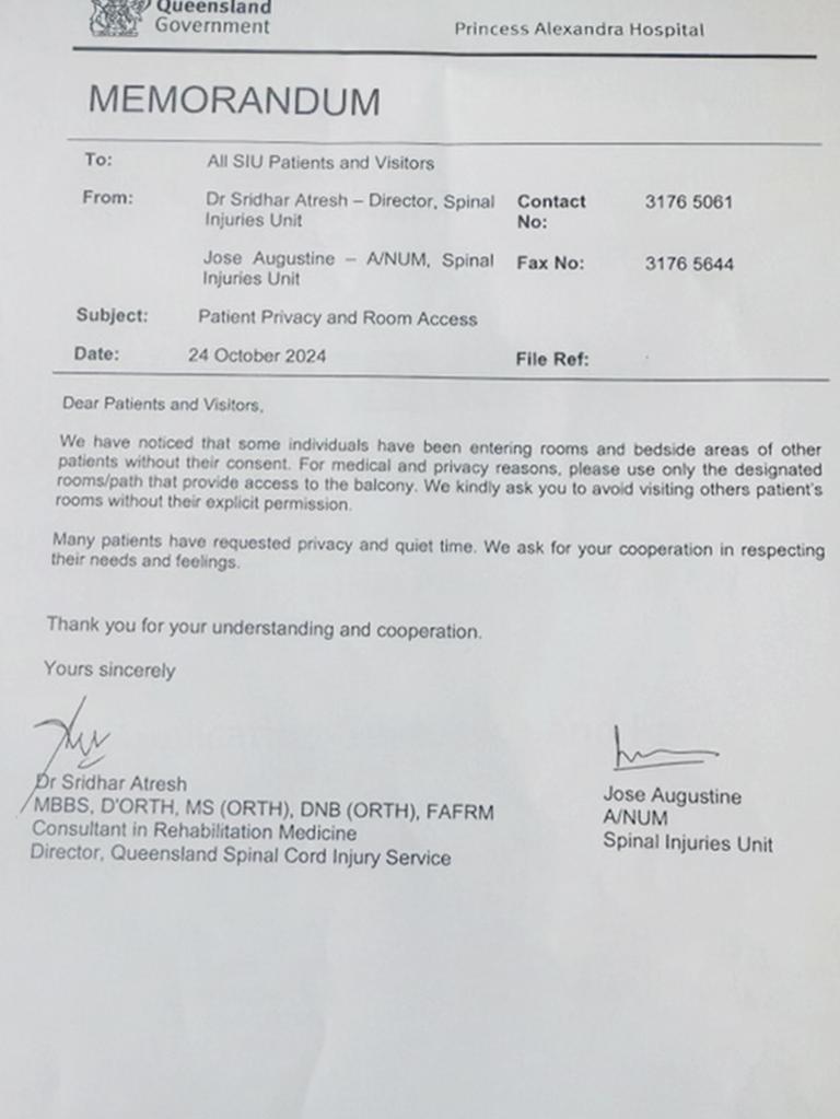 A memorandum from Princess Alexandra Hospital. Source: Supplied.