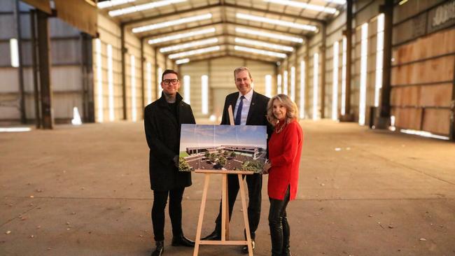 City of Launceston Mayor Matthew Garwood, Deputy Premier Michael Ferguson and Tasmanian Senator Helen Polley at the construction site of the Northern Suburbs Community Recreation Hub at Mowbray. Picture: Stephanie Dalton