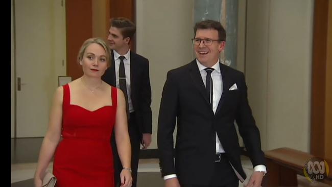 Federal member of parliament Alan Tudge arrives at the 2017 Midwinter Ball in the company of Liberal staffer Rachelle Miller, with whom he was having an affair. Picture: ABC