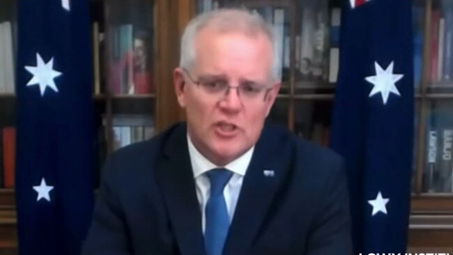 Prime Minister Scott Morrison speaking to the Lowy Institute via a grainy video stream. SOURCE:Youtube/Lowy Institute