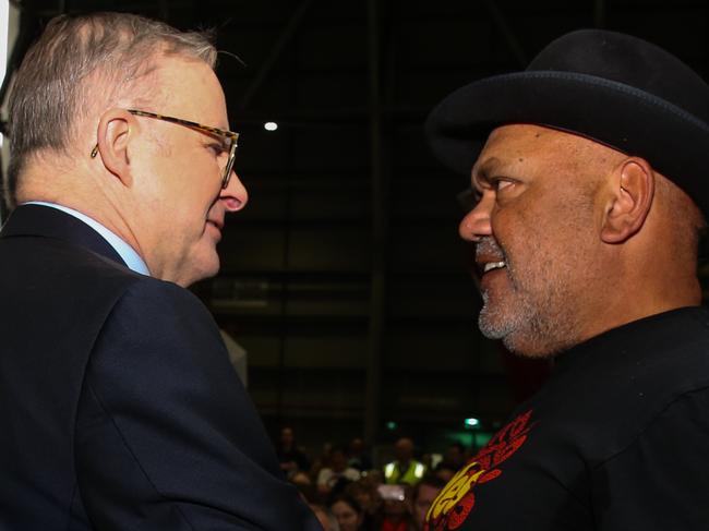 SYDNEY, AUSTRALIA  - AUGUST 14 2023:  Prime Minister, Anthony Albanese and Qantas CEO Alan Joyce greet Noel Pearson attend the launch of the Qantas 'Yes' Campaign where The Prime Minister will deliver a speech. Picture: NCA Newswire / Gaye Gerard