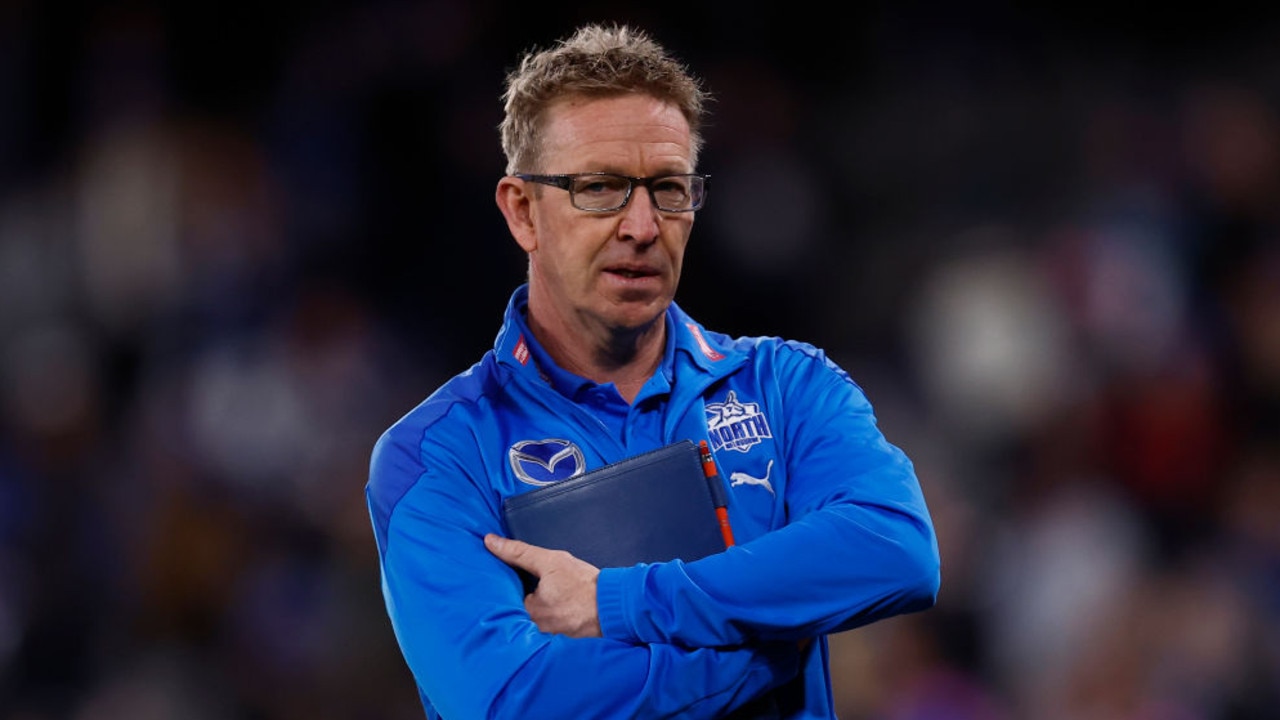 MELBOURNE, AUSTRALIA - JUNE 12: David Noble, Senior coach of the Kangaroos looks on after the round 13 AFL match between the North Melbourne Kangaroos and the Greater Western Sydney Giants at Marvel Stadium on June 12, 2022 in Melbourne, Australia. (Photo by Darrian Traynor/Getty Images)