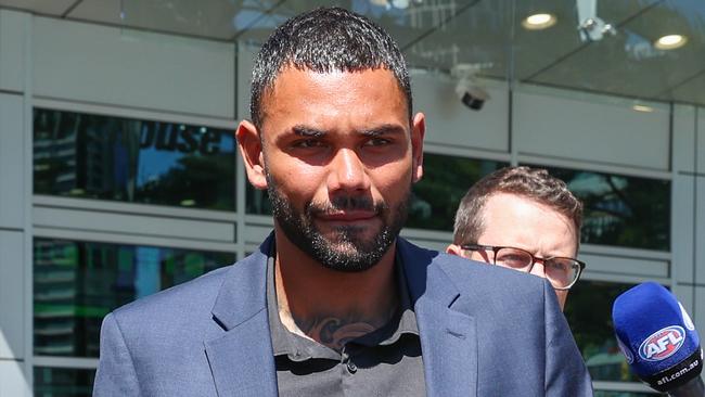 North Melbourne player Tarryn Thomas leaves AFL House after being interviewed by the league’s integrity unit in January. Picture: Brendan Beckett