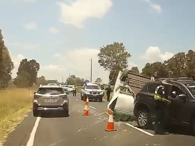 Motorists should expect delays after a caravan rolled on its roof on the Brisbane Valley Highway outside Esk. Photo: contributed