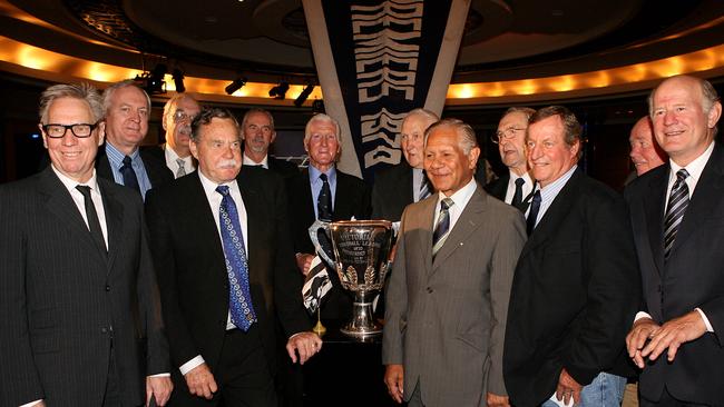 Ted Hopkins, David McKay, Peter Jones, Ron Barassi, Robert Walls, John Goold, John Nicholls, Syd Jackson, Sergio Silvagni, Bert Thornley, Adrian Gallagher and Barry Gill at a 1970 Carlton premiership reunion. Supplied by Carlton FC.