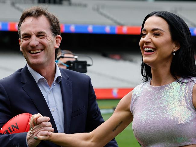 MELBOURNE, AUSTRALIA - SEPTEMBER 26: Andrew Dillon, Chief Executive Officer of the AFL and Katy Perry are seen during the Grand Final Entertainment Media Opportunity at Melbourne Cricket Ground on September 26, 2024 in Melbourne, Australia. (Photo by Dylan Burns/AFL Photos via Getty Images)