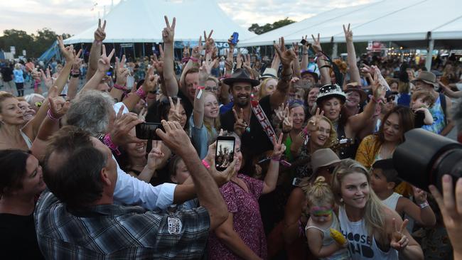 Michael Franti performs out in the general area with crowds at Bluesfest 2018 in Tyagarah near Byron Bay.