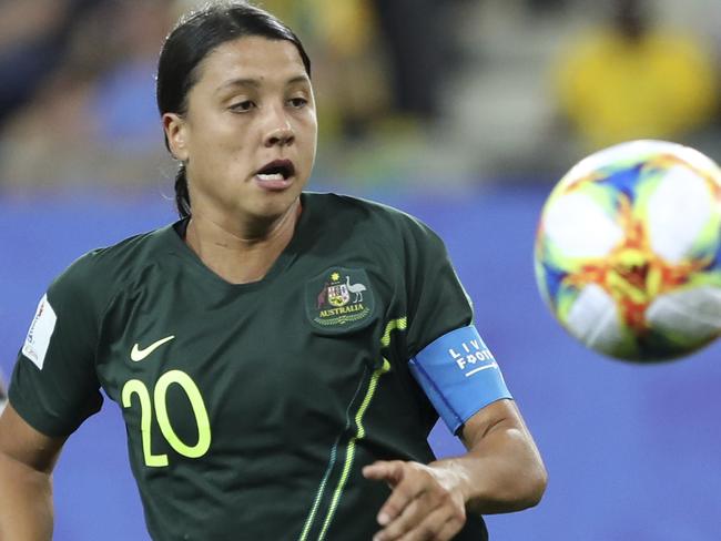 Australia's Sam Kerr eyes the ball during the Women's World Cup Group C soccer match between Jamaica and Australia at Stade des Alpes stadium in Grenoble, France, Tuesday, June 18, 2019. (AP Photo/Laurent Cipriani)