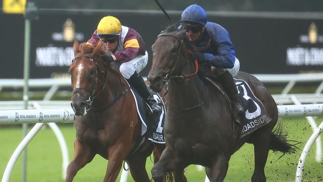 SYDNEY, AUSTRALIA - APRIL 20: James Mcdonald riding Broadsiding wins Race 7 Moet & Chandon Champagne Stakes during Sydney Racing at Royal Randwick Racecourse on April 20, 2024 in Sydney, Australia. (Photo by Jeremy Ng/Getty Images)