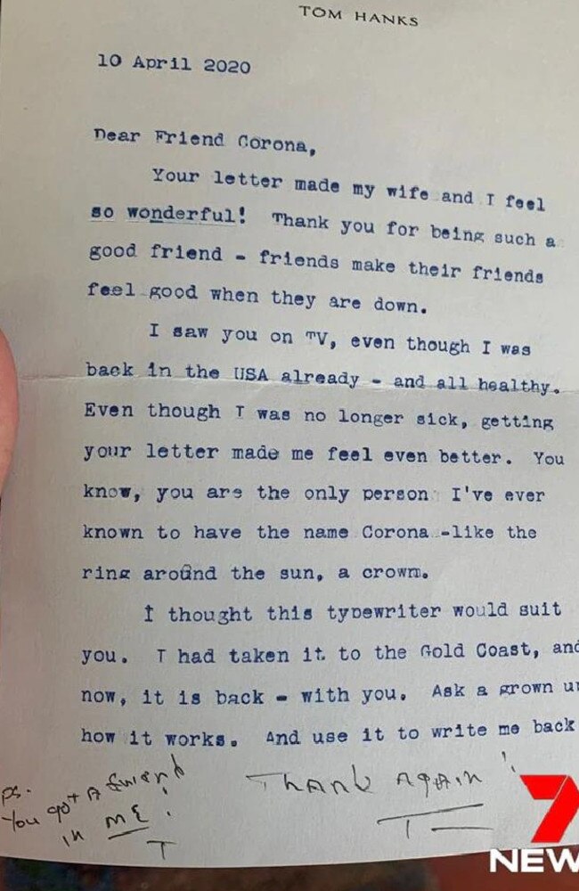 The letter Tom Hanks wrote to an Australian boy who was bullied over his name Corona.