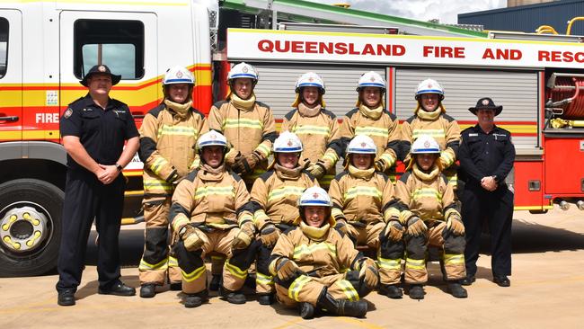 Ten auxiliary recruit firefighters completed the ARTEP training court in Emerald. Pictured with instructors Jamie Worland (left) and Peter Heumiller (right).