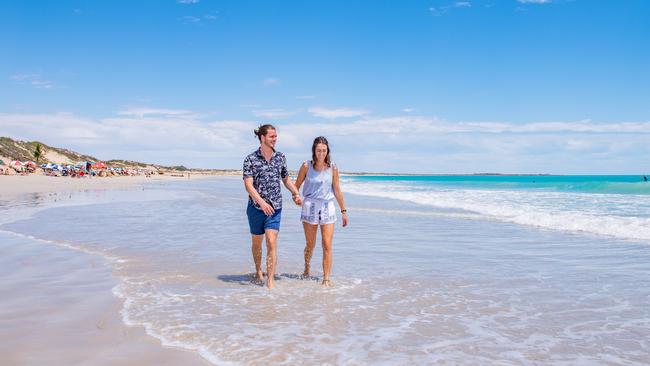 Joelle Matier and Jonathan Dean pictured at Cable Beach in Broome. Picture: Abby Murray