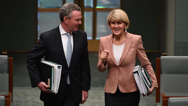 Former minister for defence industry Christopher Pyne and former minister for foreign affairs Julie Bishop.